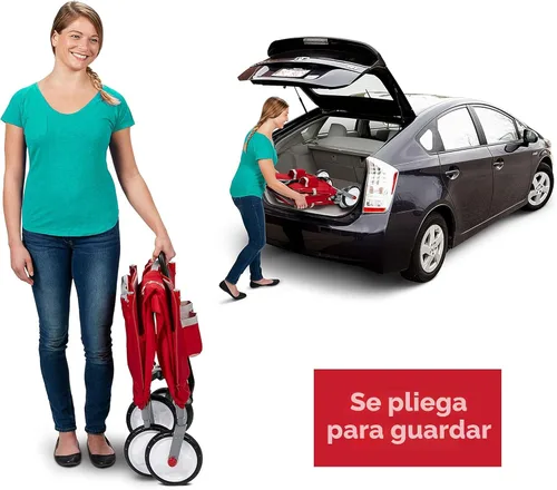 Vista 4 de Carrito plegable Radio Flyer para niños, carro rodante, cochecito de bebé, carrito de playa, carrito plegable 3 en 1 EZ con toldo, color rojo