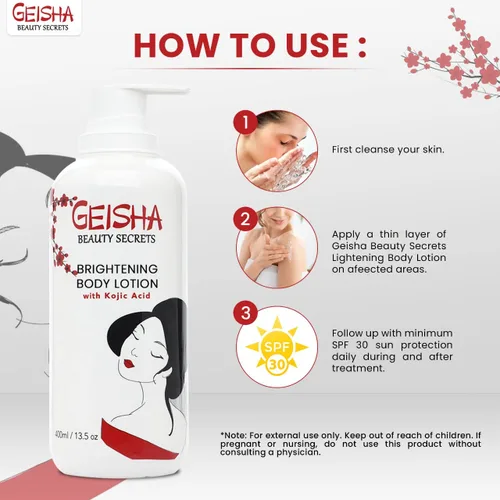 Vista 3 de OMIC Geisha Kójic Acid Crema corporal iluminadora para la piel, 13.5 onzas líquidas, crema para manchas oscuras, hidratante, tono de piel desigual