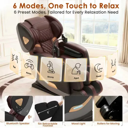 Vista 5 de Silla de masaje Shiatsu de cuerpo completo 3D de gravedad cero con rodillos de 10 nodos, 20 bolsas de aire, calefacción de cintura y piernas, audio