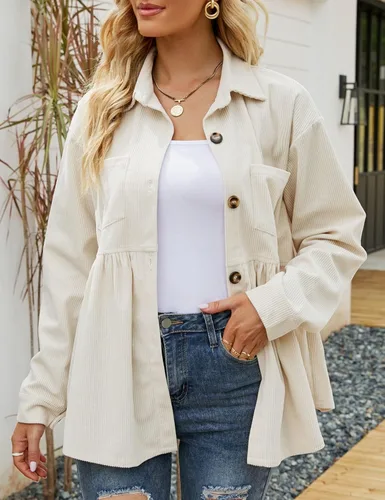 Vista 4 de Flygo Camisas de pana peplum para mujer, con botones, de gran tamaño, babydoll