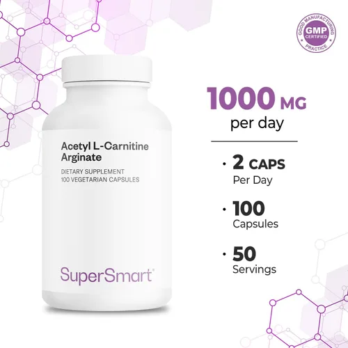 Vista 5 de Supersmart - Acetyl L Carnitine Arginate 1000 mg por día - Aminoácidos - Suplemento cerebral popular Sin OMG y sin gluten - 120 cápsulas
