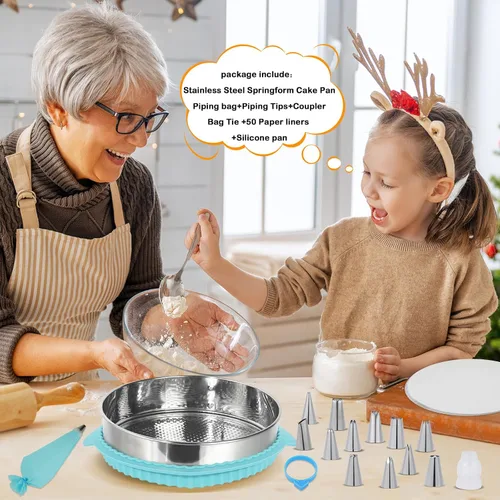 Vista 10 de Molde desmontable de 10 pulgadas para hornear, molde de acero inoxidable 304 para tartas de queso con parte inferior extraíble, incluye 12 boquillas