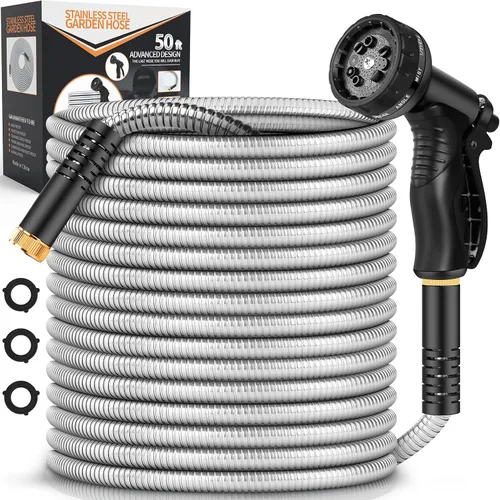 Vista 10 de Manguera de Jardín de Metal de 25 Pies, Manguera de Agua Resistente de Acero Inoxidable con Boquilla de 10 Funciones, Sin Torceduras, Resistente
