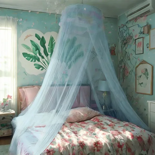 Vista 2 de Dosel de Cama de Encaje Mosquitera con Luces Cálidas, Dosel de Cama de Princesa para Decoración de Habitación de Niñas, Azul/Una Entrada Luces