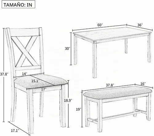 Vista 6 de Juego de mesa de comedor de 6 piezas, mesa de cocina rectangular de madera y 4 sillas de comedor con cojines y 1 banco con cojín, juego de mesa