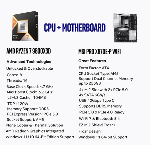 Vista 2 de Micro Center AMD Ryzen 7 9800X3D Processor with MSI PRO X870E-P Motherboard Combo de placa base de CPU, listo para AI, AM5, PCIe 5.0, DDR5, M.2 AMD