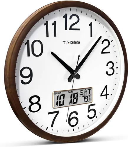 Vista 4 de Reloj de pared TIMESS, acabado clásico estilo madera, de 11 pulgadas, silencioso, sin tictac, funciona con pilas, de cuarzo, analógico