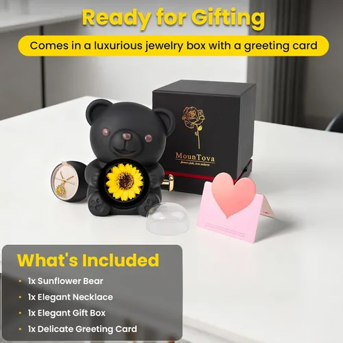 Vista 7 de Regalo para su oso de la suerte con girasol, girasol en elegante caja de regalo con collar para mujer, regalos de oso para el día de la madre, día
