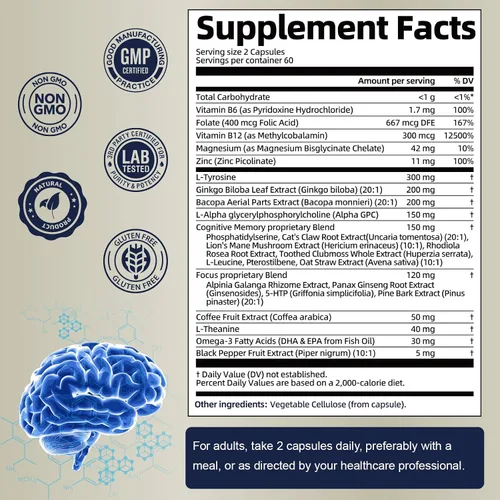 Vista 4 de Suplementos cerebrales 25 en 1 para la memoria, la concentración y la salud neurológica, suplemento cognitivo nootrópico diario para el cerebro