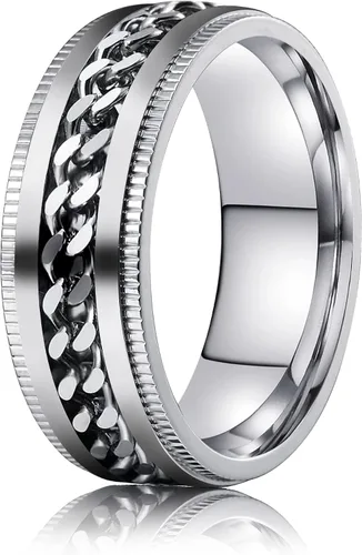 Vista 31 de LAOYOU Anillo giratorio para hombre para alivio de la ansiedad 0.315 in de acero inoxidable negro anillo de ansiedad con incrustaciones de cadena