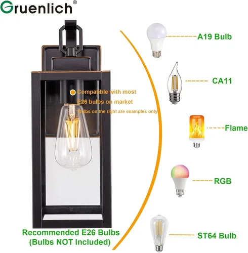 Vista 3 de GRUENLICH Farol de pared para exteriores, aplique de pared para iluminación de porche, base E26 máx. 60 W, carcasa de metal más vidrio, acabado