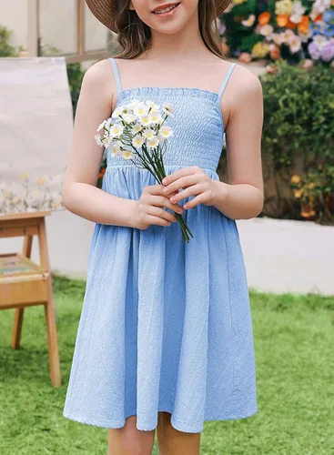 Vista 3 de blibean Vestidos de verano de algodón para niñas de 4 a 15 años A azul