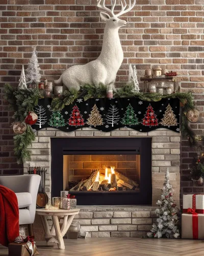 Vista 2 de Bufanda de manto de 90 x 17 pulgadas, diseño de rejilla de búfalo negro de Navidad, árbol de Navidad, chimenea, mantel, cubierta de mantel