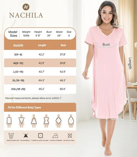 Vista 5 de NACHILA Camisones para mujer, viscosa hecha de bambú, cuello en V, manga corta, ropa de dormir fresca