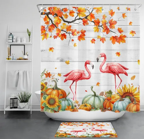 Vista 42 de HVEST Cortina de ducha con ganchos, calabaza espeluznante y fantasma con sombrero de bruja negro, juego de cortina de ducha naranja con flores