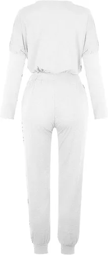 Vista 3 de Conjunto de 2 piezas para mujer de manga larga con cuello redondo sólido y pantalones largos, conjunto de chándal para correr
