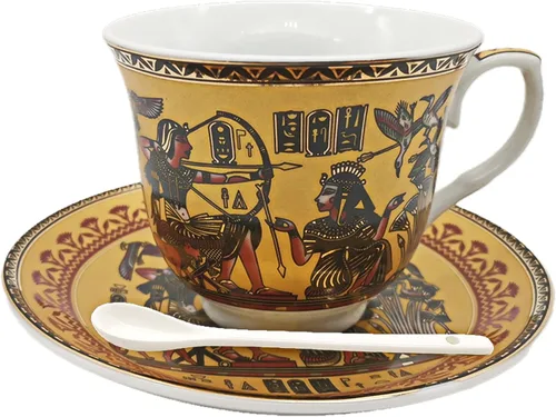Vista 11 de Juego de tazas y platillos de café expreso de cerámica dorada egipcia, taza Demitasse de 3.4 oz/3.4 fl oz, regalo de porcelana para cumpleaños