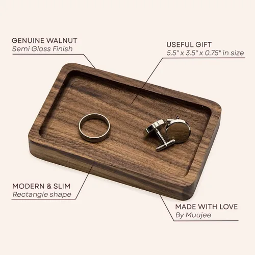 Vista 2 de MUUJEE Plato de madera para anillos – Ideas de regalo de boda de 5 años, bandeja para monedas o accesorios, regalo del día del padre para papá