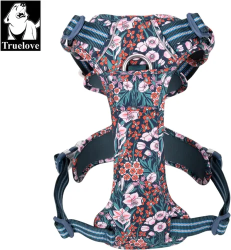 Vista 4 de TRUE LOVE Arnés ajustable sin tirones con clip frontal para perro, reflectante, cómodo, duradero, suave, algodón, chaleco floral con asa TLH5655