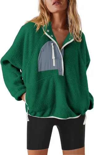 Vista 21 de Nirovien - Chaqueta de forro polar con capucha para mujer, manga larga, sherpa, sudadera mullida, abrigada, con botones y bolsillos Un rosa