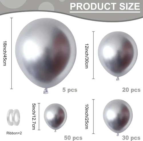 Vista 2 de Globos metálicos plateados de diferentes tamaños, 105 piezas de guirnalda de globos plateados cromados de 18, 12, 10 y 5 pulgadas, globos metálicos