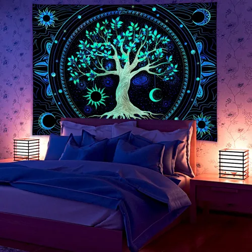 Vista 3 de Tapiz para dormitorio, estético, árbol de la vida, con luz negra, reactivo a los rayos UV, tapiz psicodélico, colorido tapiz de pared, sol, luna