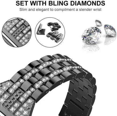 Vista 2 de Bandas compatibles con Fitbit Versa 2/Versa Lite/Versa, pulsera de repuesto con diamantes de imitación de metal para mujer, color negro