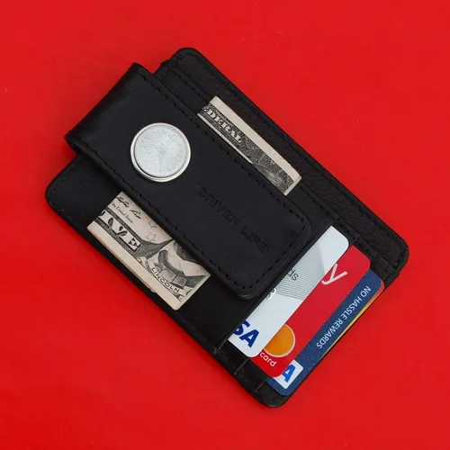 Vista 2 de 1954 Austria 2 Groschen Coin Full-Grain Black Leather Magnetic Money Clip Wallet & Card Holder RFID Blocking - Imperial Eagle