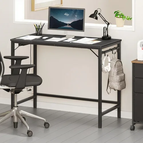 Vista 2 de HOOBRO BB40UDN01 - Escritorio pequeño de 31.5 pulgadas con toma de corriente, mesa de escritura con puertos de carga USB y 3 ganchos para oficina