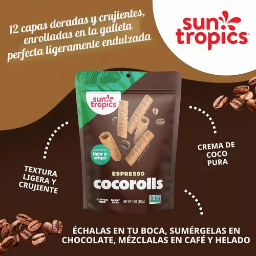 Vista 3 de Sun Tropics CocoRolls - Oblea enrollada de expreso, sin gluten, sin lácteos, hecha con crema de coco pura, 6