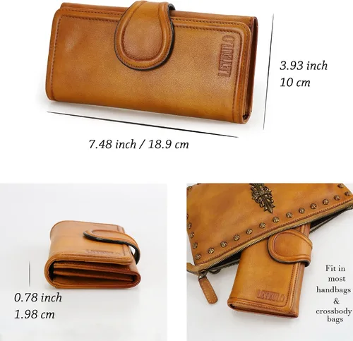 Vista 3 de Cartera de cuero para mujer, hecha a mano, con bolsillo con cremallera
