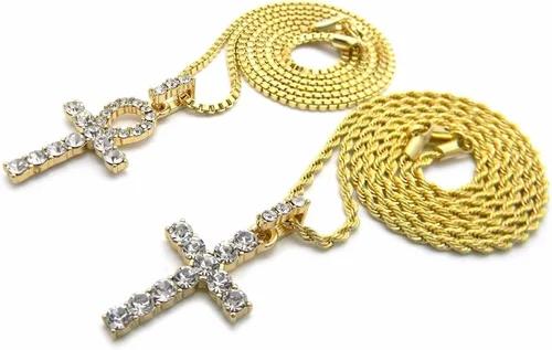 Vista 4 de Shiny Jewelers USA Juego de collar de cadena con forma de cruz de tobillo egipcia para hombre (llave de vida), Metal, Circonia cúbica