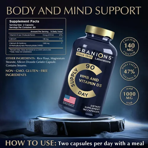 Vista 3 de Suplementos de vitamina D3 HMB para hombres y mujeres – 1,000 mg de beta hidroxi de calcio beta-metilbutirato por porción – Apoyo nutricional diario