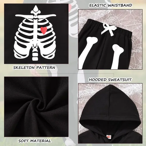 Vista 4 de Conjunto de ropa de niños pequeños con capucha y sudadera a cuadros de manga larga para otoño e invierno Esqueleto negro