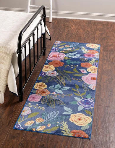 Vista 2 de Unique Loom Blossom Collection Ashley - Alfombra de área (2 x 8 pies, color azul/oliva)