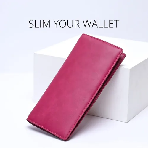 Vista 2 de Alldaily Ultra Delgado Fina Cartera para Mujer Bloqueo RFID Titular de Tarjetas de Crédito Bifold Largo Billfold Damas, Fucsia púrpura, Minimalista