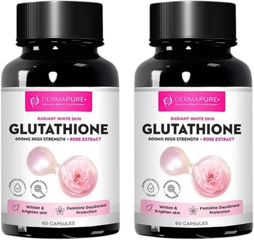 Vista 9 de Dermapure - Píldoras blanqueadoras de glutatión 2 en 1, 600 mg con extracto de aceite de rosa, suplemento para aclarar la piel y desodorante