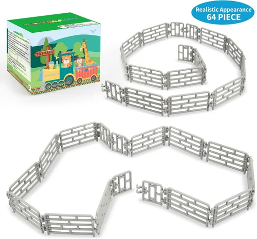 Vista 2 de Toymany 64 piezas de mini vallas de juguete para animales de granja, pequeños caballos de corral, cercado de plástico para granja, granero, paddock