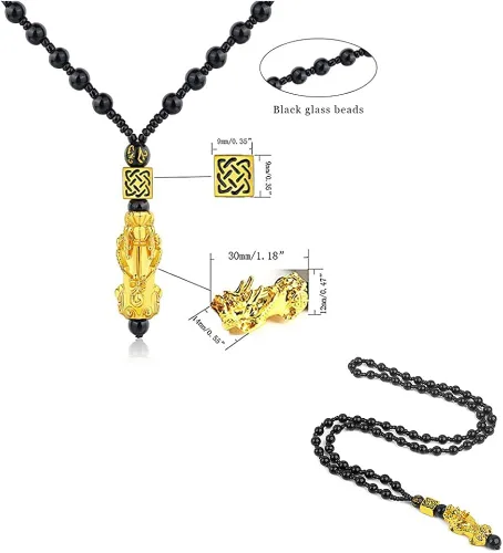 Vista 2 de poceton Feng Shui Pixiu Pulsera 3 Set, Buena suerte Pixiu Colgante Collares, Negro Obsidiana Feng Shui Riqueza Pulseras y ajustable tallado a mano