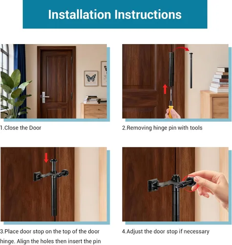 Vista 5 de HOME MASTER HARDWARE Tope de puerta con pasador de bisagra, paquete de 2 topes de puerta ajustables resistentes de color negro mate con parachoques