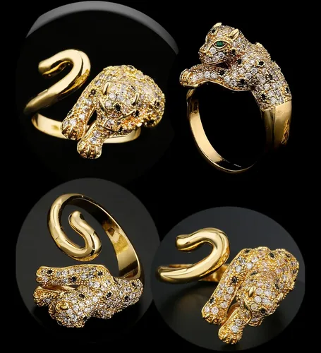 Vista 5 de Anillo de mujer ajustable de 14 quilates con cabeza de leopardo y diamantes de moda, tamaño 6 a 9, Cobre, Zirconia cúbica