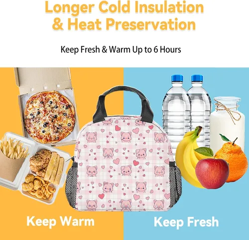 Vista 6 de Lonchera de cerdo – Lonchera aislada para niños – Bolsas de almuerzo rosadas lindas con bolsillos – Lonchera congelable mediana de 8L para la escuela