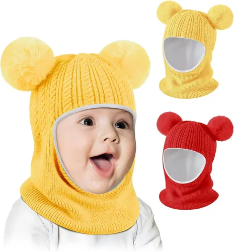 Vista 13 de Conjunto de 2 gorros de invierno para bebé, gorro para niño con calentador de cuello, gorro de punto cálido para clima frío Negro y gris