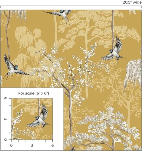 Vista 6 de NextWall Bird Garden - Papel tapiz autoadhesivo (ocre)