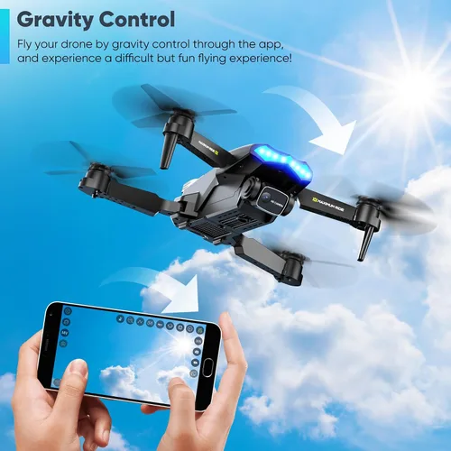 Vista 5 de Dron con cámara, Dual 720HD, Drone para niños con luces frías, control de gestos, disparo vertical, vuelo de punto de referencia, control