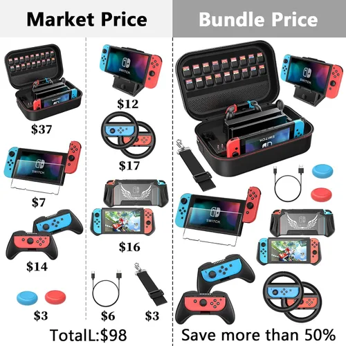 Vista 2 de HEYSTOP Kit de accesorios de funda compatible con Nintendo Switch 12 en 1 Switch funda de transporte PlayStand Grip Volante agarre protector