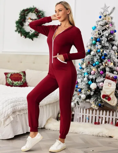 Vista 6 de Ekouaer Pijama de Navidad con capucha para mujer, manga larga, con cremallera, ropa de dormir novedosa