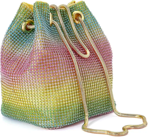 Vista 4 de Ayliss Bolso de cubo completo con diamantes de imitación para mujer, minihombro cruzado pequeño, bolso de mano brillante de noche