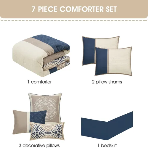 Vista 3 de Grand Avenue Juego de edredón azul King, ropa de cama con estampado de microfibra, geométrico, patchwork de 7 piezas, edredones, fundas de almohada