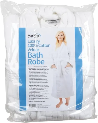 Vista 4 de ForPro - Bata de baño de terciopelo de lujo, 100% algodón, bata de baño de terciopelo ultra afelpado con rayas tejidas texturizadas, blanco, grande